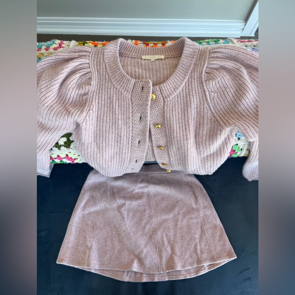 LoveShackFancy pink puff sleeve sweater and mini skirt set